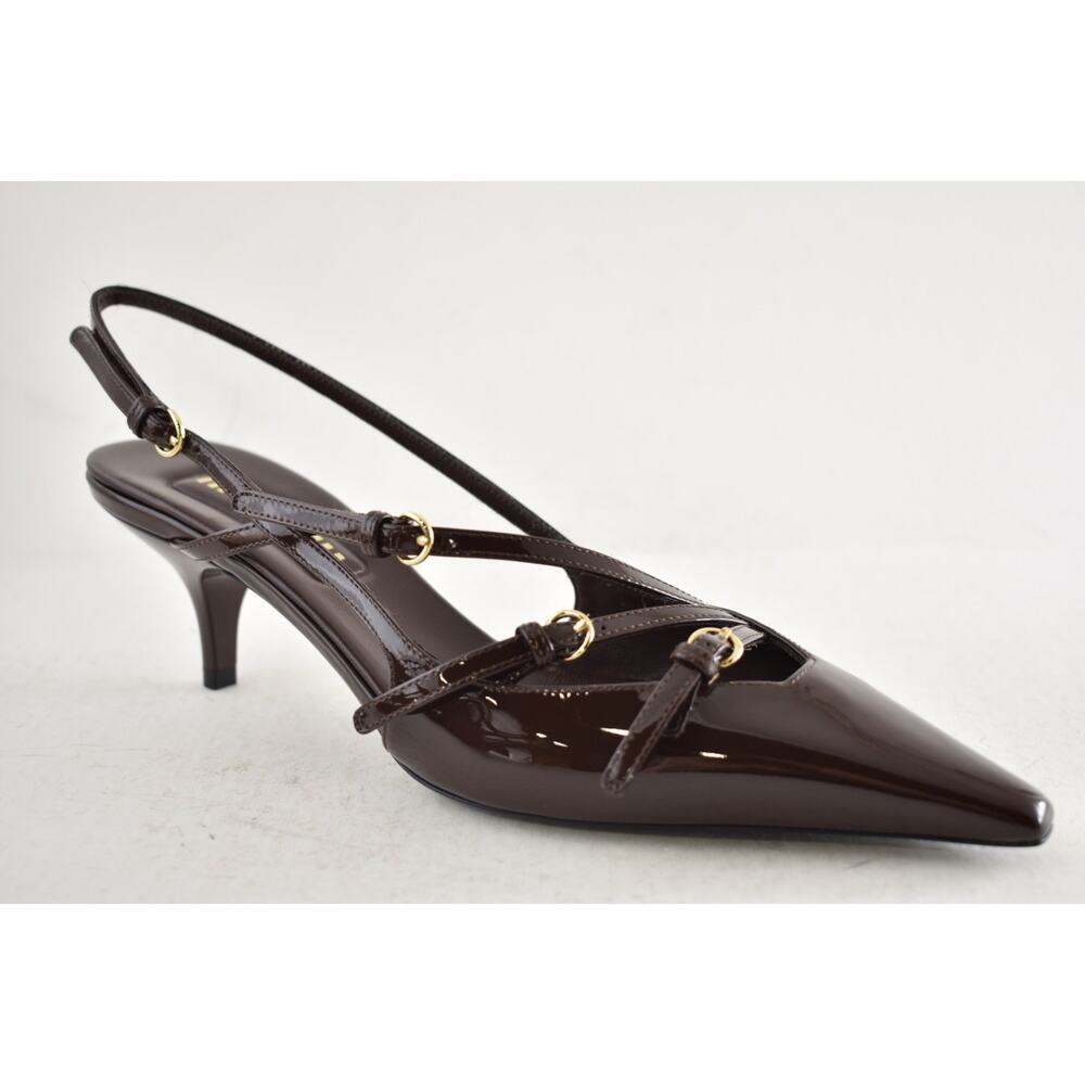 Miu Miu 55 Cacao Brown Patent Buckle Trio Pointed Slingback Kitten Heel Pump 38 - Picture 5 of 16